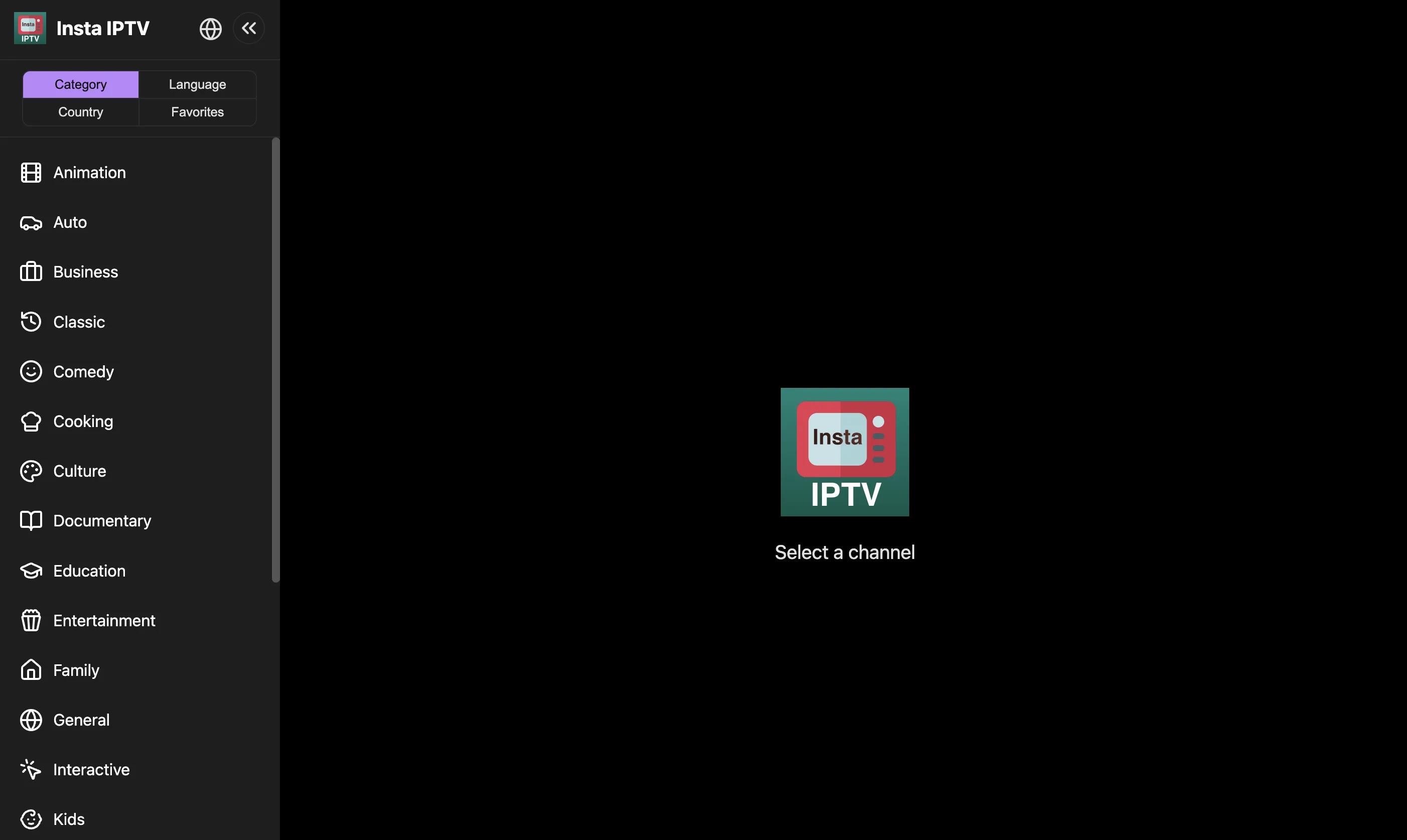Insta IPTV interface presenting free international live television channels