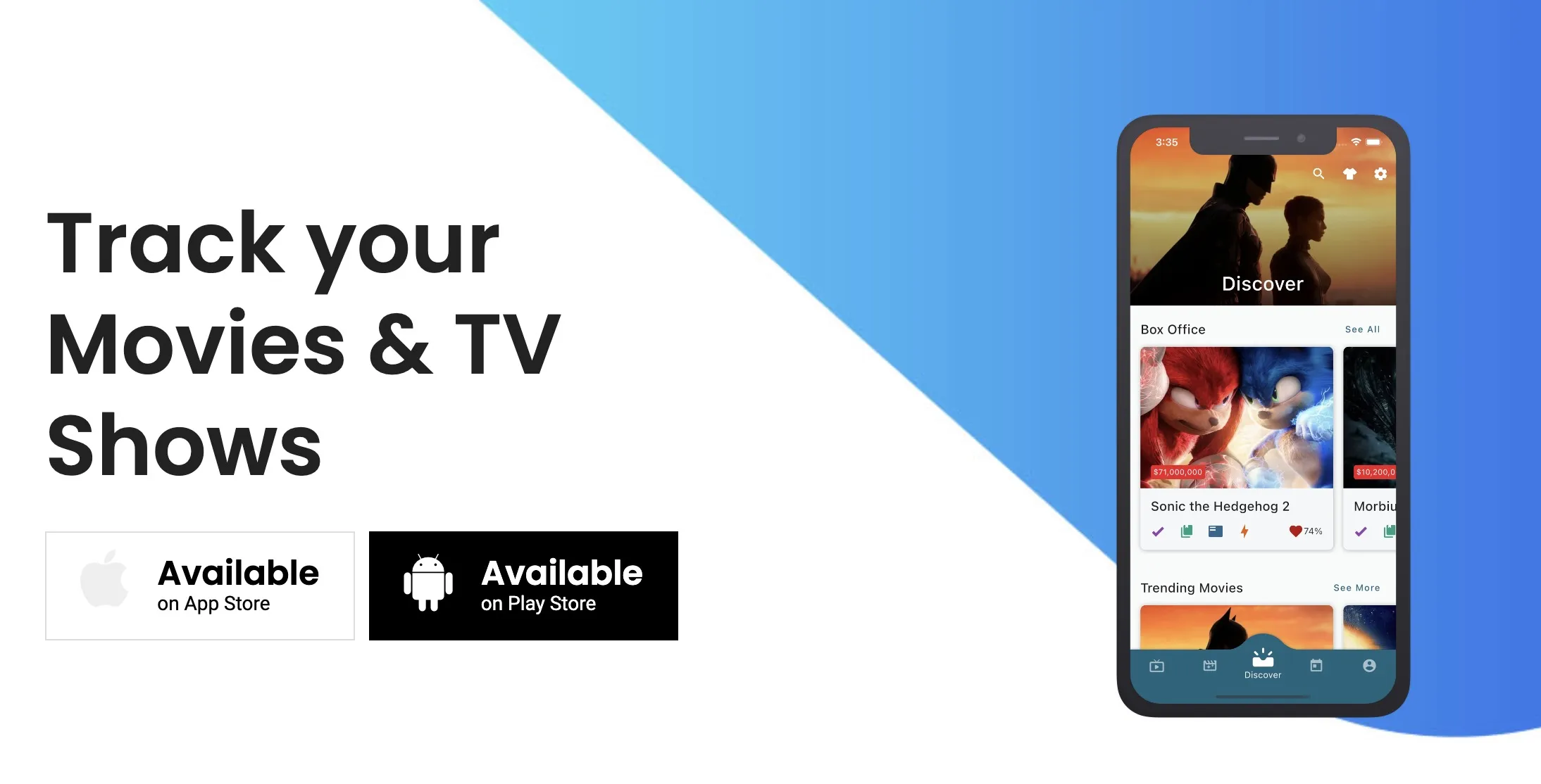 Show Tracker mobile app displaying movie discovery, watchlists and Trakt activity
